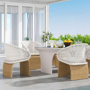 Hofer Outdoor Patio Dining Set 5-Piece 63" Garden Oval Dining Table 4 Rattan Chair Black Glass Top